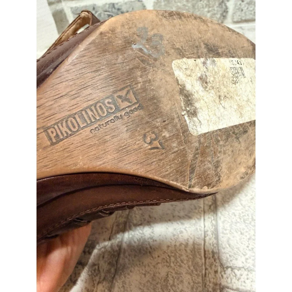 Pikolinos Java Leather Gladiator Heel Sandals Brown Stitch Mid Heel EU 37-6.5-7